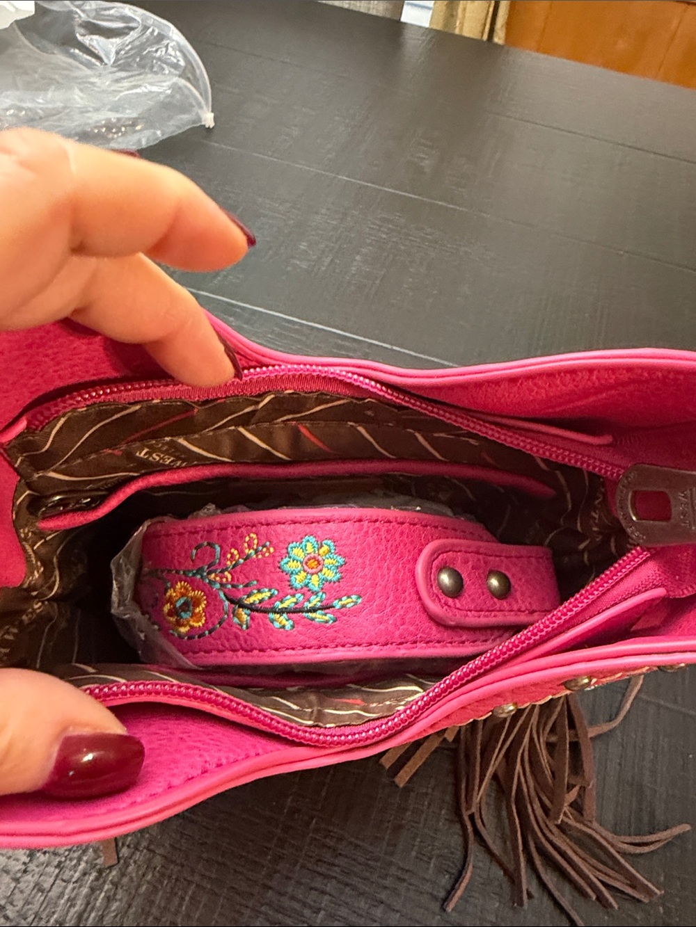 Montana West Pink Floral Embroidered Crossbody Bag with Brown Fringe - Picture 7 of 7